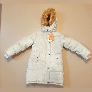 Kids ice blue Winter Coat with Faux Fur Hood